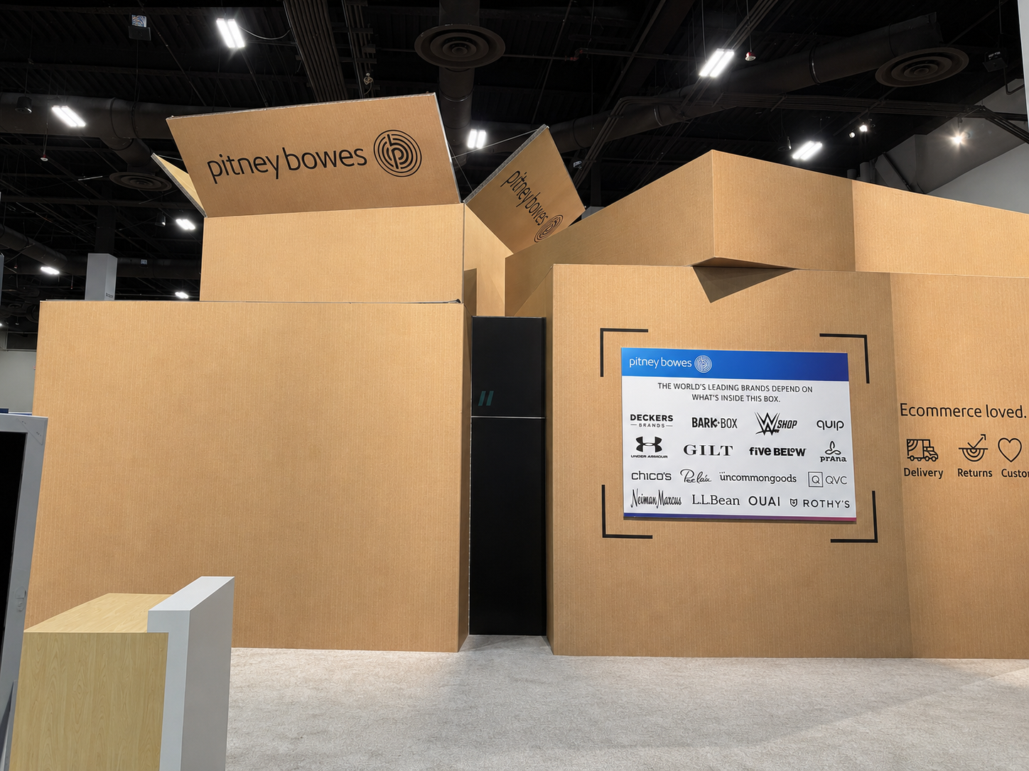 Front detail of the Pitney Bowes branded exhibit structure